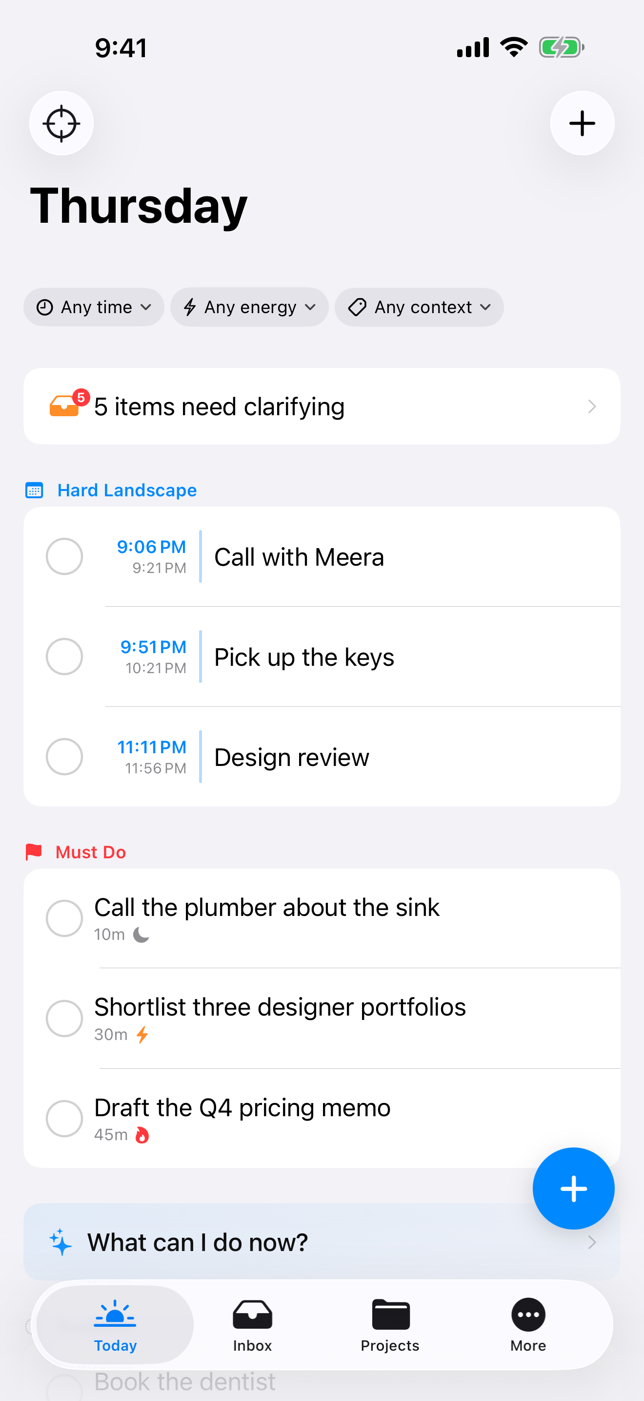 Divit's Today screen: a Hard Landscape section of timed commitments above a Must Do list.